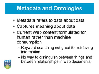 Metadata and Ontologies <ul><li>Metadata refers to data about data </li></ul><ul><li>Captures meaning about data </li></ul...