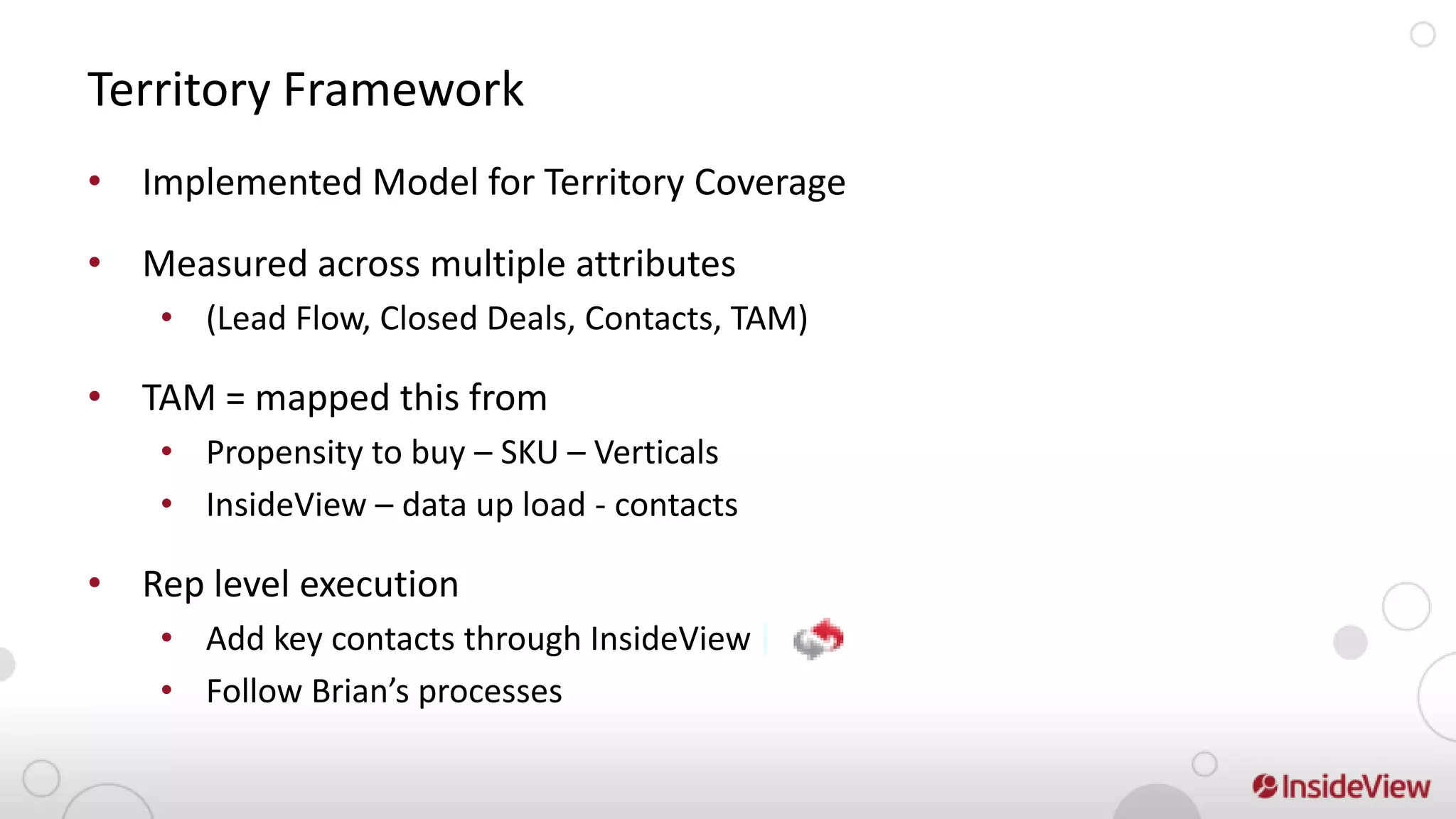 Territory Framework
• Implemented Model for Territory Coverage

• Measured across multiple attributes
    • (Lead Flow, Closed Deals, Contacts, TAM)

• TAM = mapped this from
    • Propensity to buy – SKU – Verticals
    • InsideView – data up load - contacts

• Rep level execution
    • Add key contacts through InsideView
    • Follow Brian’s processes
 