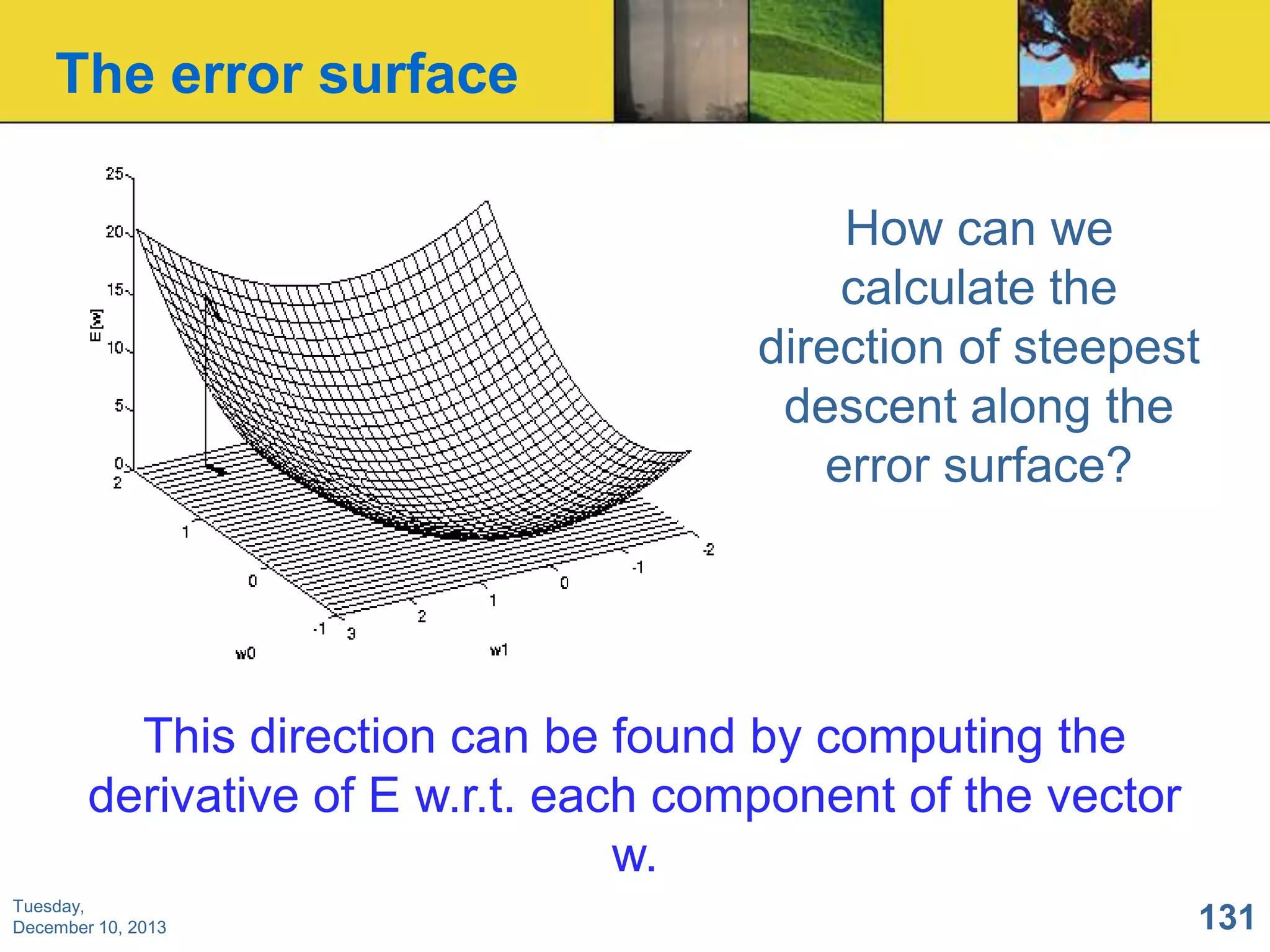 The error surface
How can we
calculate the
direction of steepest
descent along the
error surface?

This direction can be found by computing the
derivative of E w.r.t. each component of the vector
w.
Tuesday,
December 10, 2013

131

 