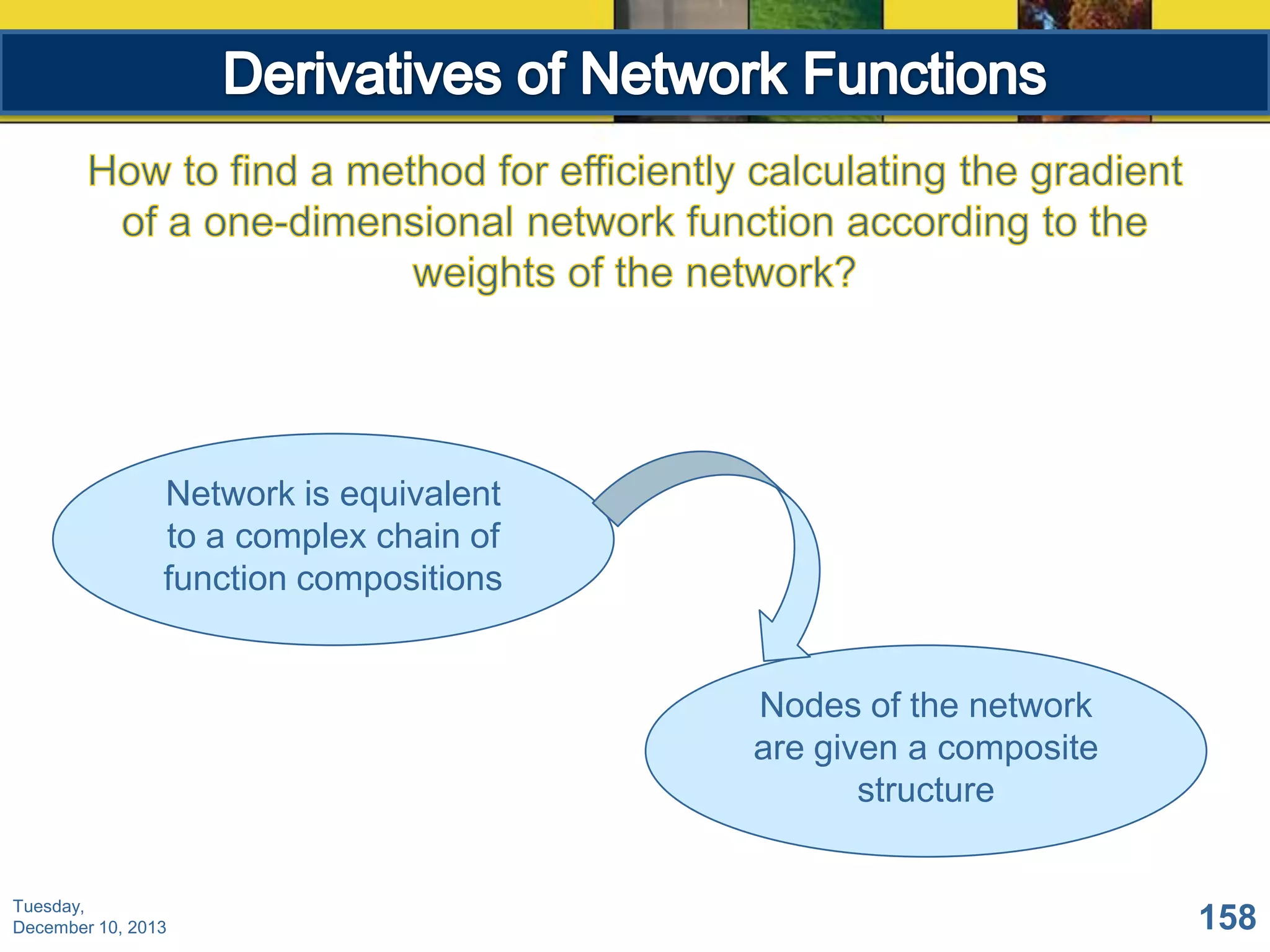 Network is equivalent
to a complex chain of
function compositions

Nodes of the network
are given a composite
structure

Tuesday,
December 10, 2013

158

 