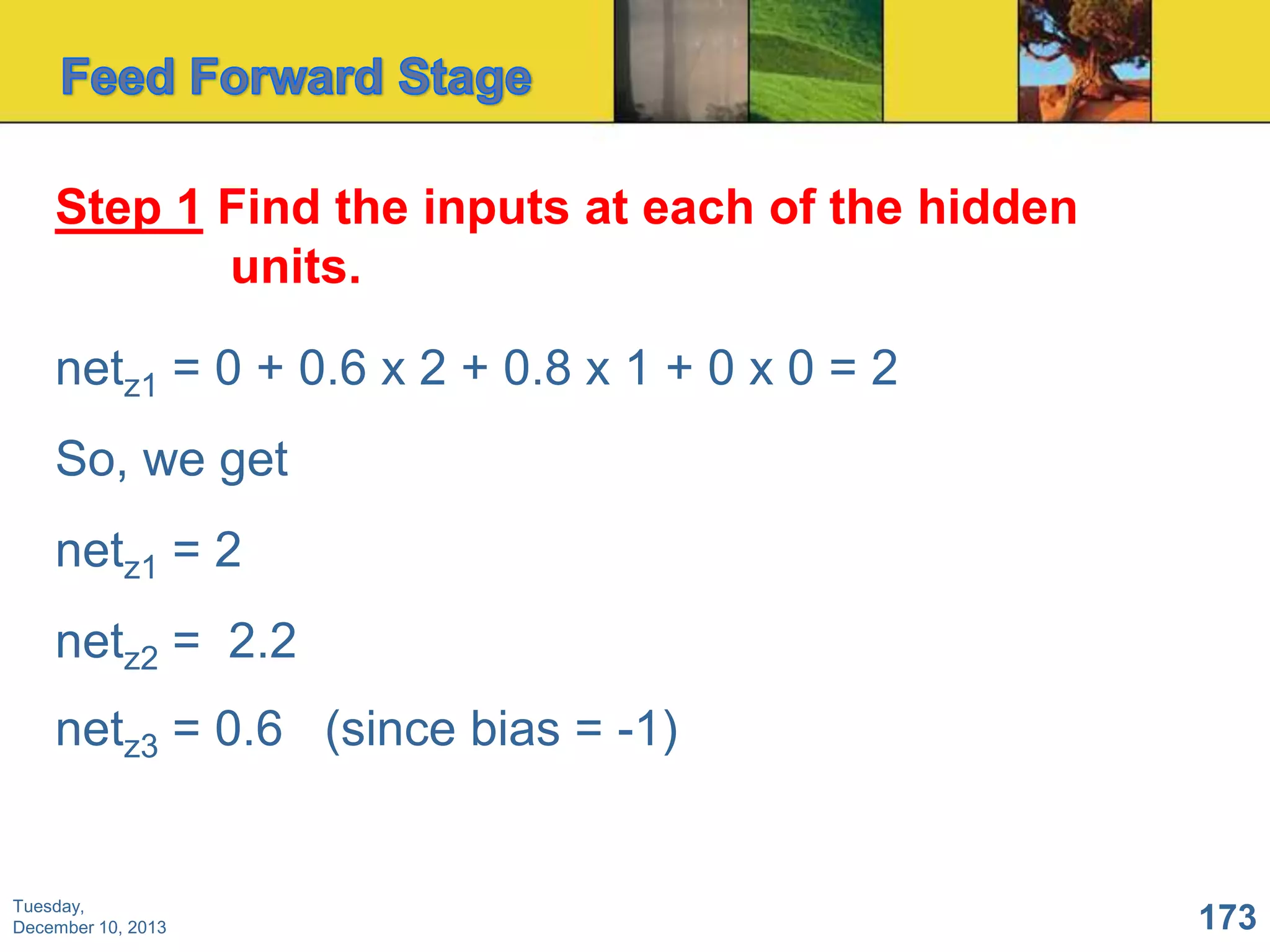 Step 1 Find the inputs at each of the hidden
units.
netz1 = 0 + 0.6 x 2 + 0.8 x 1 + 0 x 0 = 2
So, we get

netz1 = 2
netz2 = 2.2
netz3 = 0.6 (since bias = -1)

Tuesday,
December 10, 2013

173

 