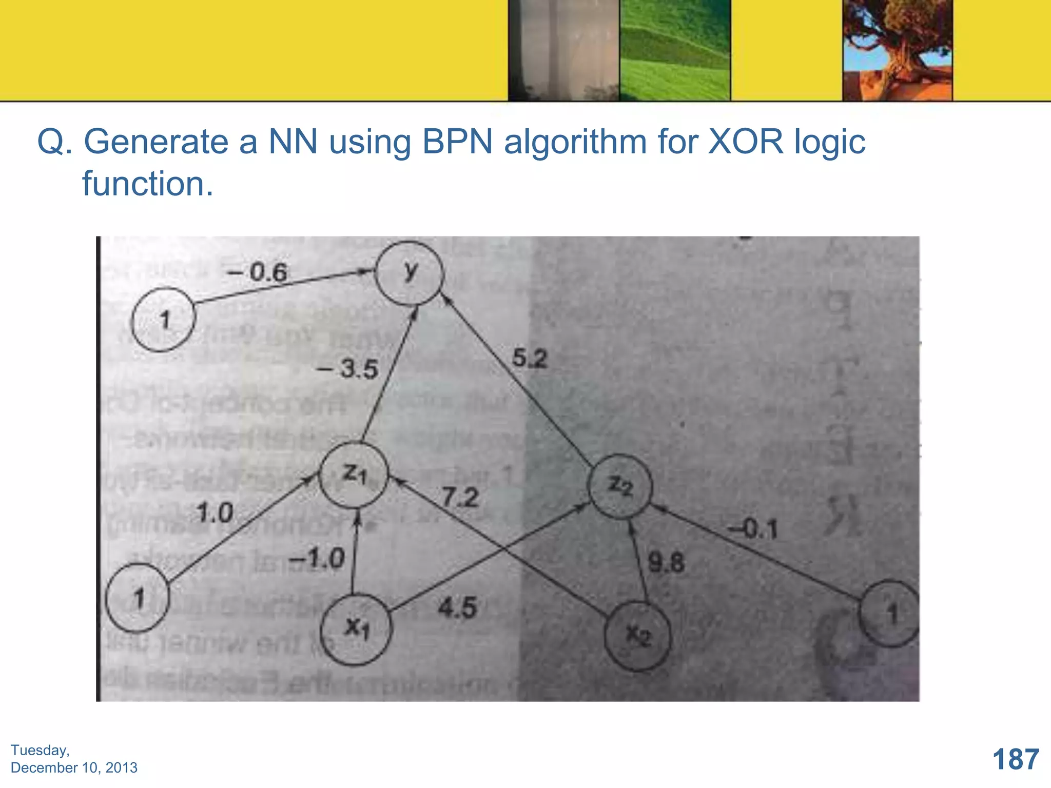 Q. Generate a NN using BPN algorithm for XOR logic
function.

Tuesday,
December 10, 2013

187

 