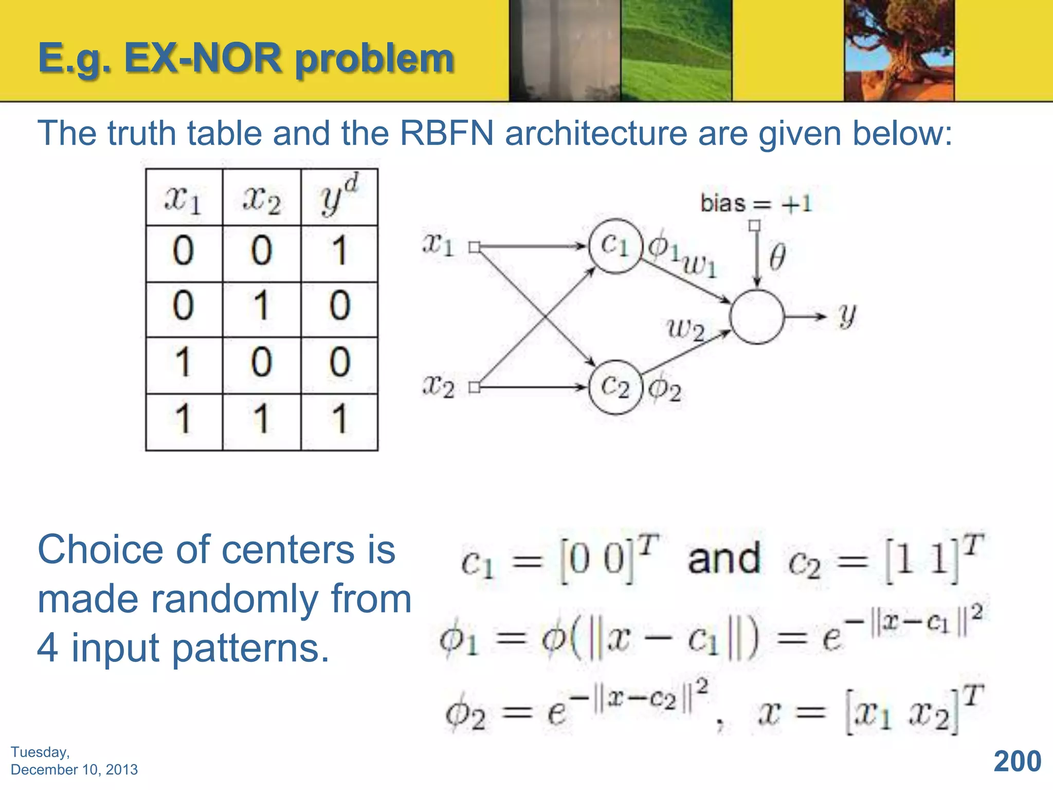 E.g. EX-NOR problem
The truth table and the RBFN architecture are given below:

Choice of centers is
made randomly from
4 input patterns.
Tuesday,
December 10, 2013

200

 