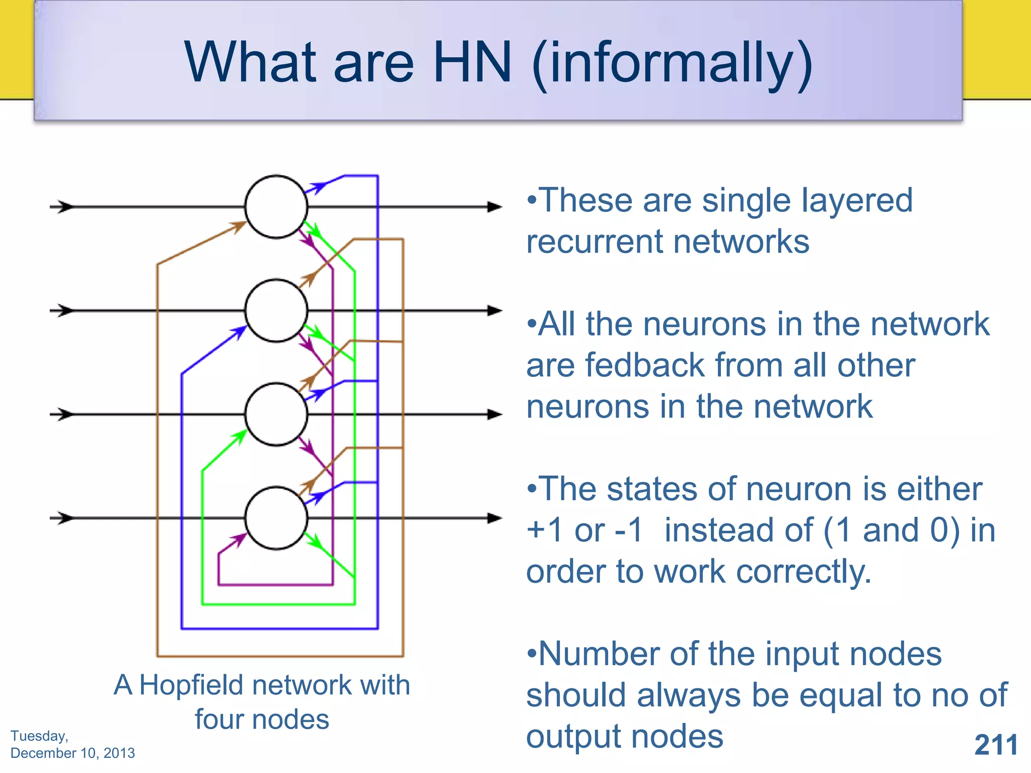 What are HN (informally)
•These are single layered
recurrent networks
•All the neurons in the network
are fedback from all other
neurons in the network
•The states of neuron is either
+1 or -1 instead of (1 and 0) in
order to work correctly.
A Hopfield network with
four nodes

Tuesday,
December 10, 2013

•Number of the input nodes
should always be equal to no of
output nodes
211

 