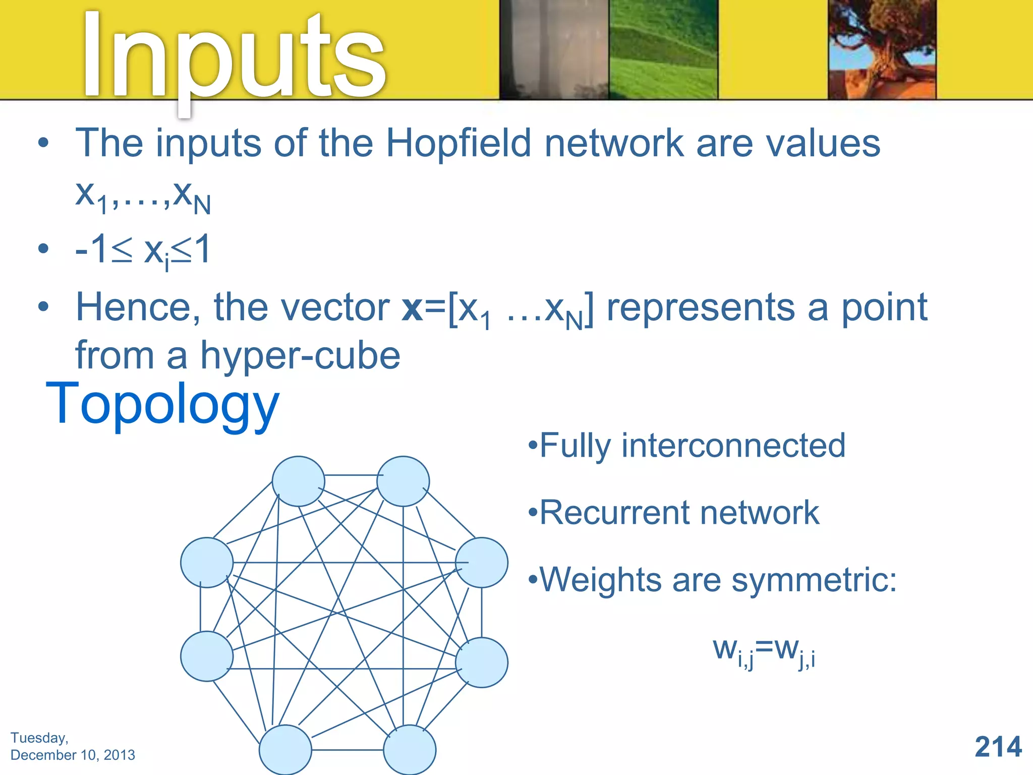 • The inputs of the Hopfield network are values
x1,…,xN
• -1 xi 1
• Hence, the vector x=[x1 …xN] represents a point
from a hyper-cube

Topology

•Fully interconnected
•Recurrent network
•Weights are symmetric:
wi,j=wj,i

Tuesday,
December 10, 2013

214

 