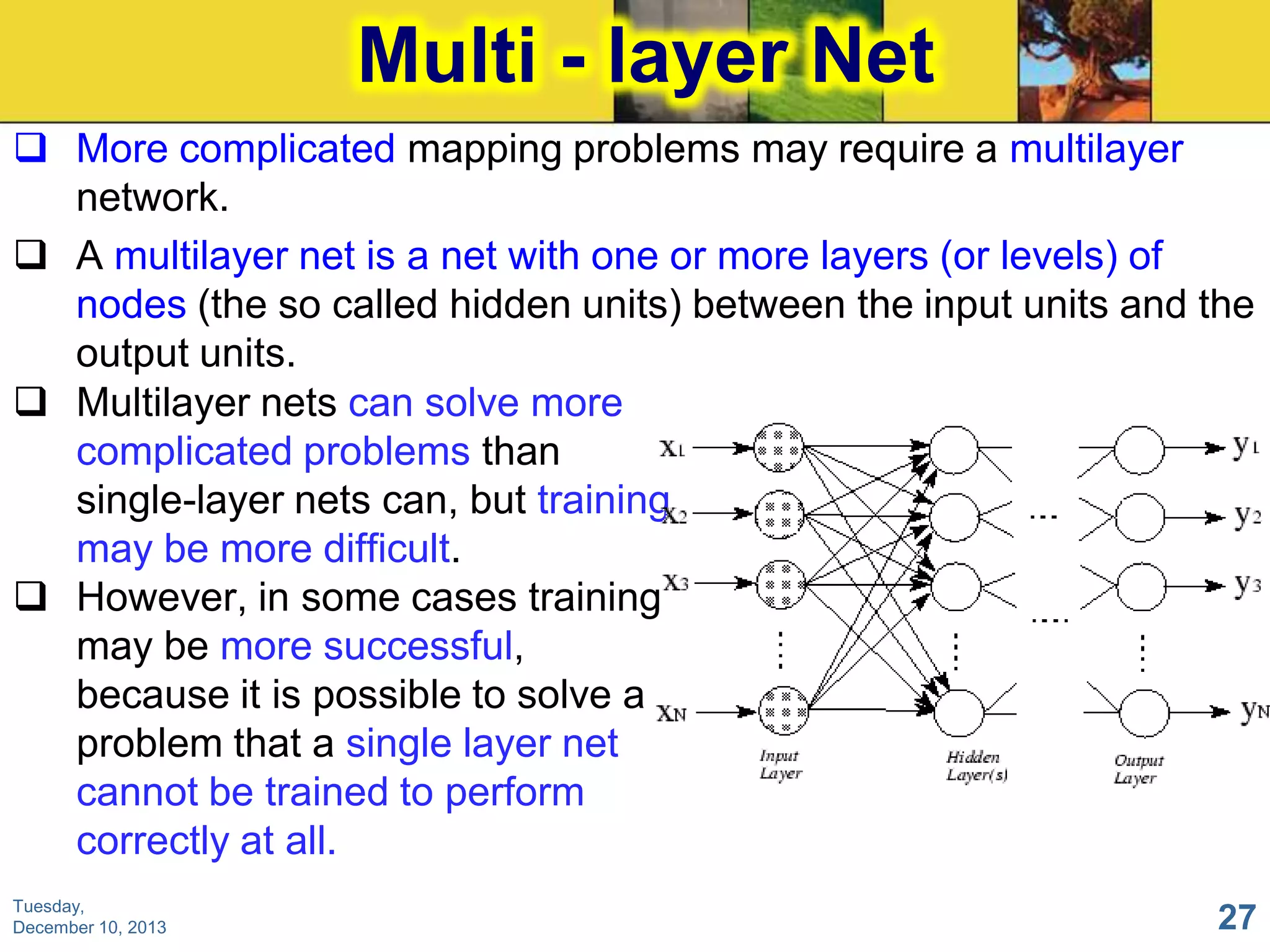 Multi - layer Net
 More complicated mapping problems may require a multilayer
network.
 A multilayer net is a net with one or more layers (or levels) of
nodes (the so called hidden units) between the input units and the
output units.
 Multilayer nets can solve more
complicated problems than
single-layer nets can, but training
may be more difficult.
 However, in some cases training
may be more successful,
because it is possible to solve a
problem that a single layer net
cannot be trained to perform
correctly at all.
Tuesday,
December 10, 2013

27

 