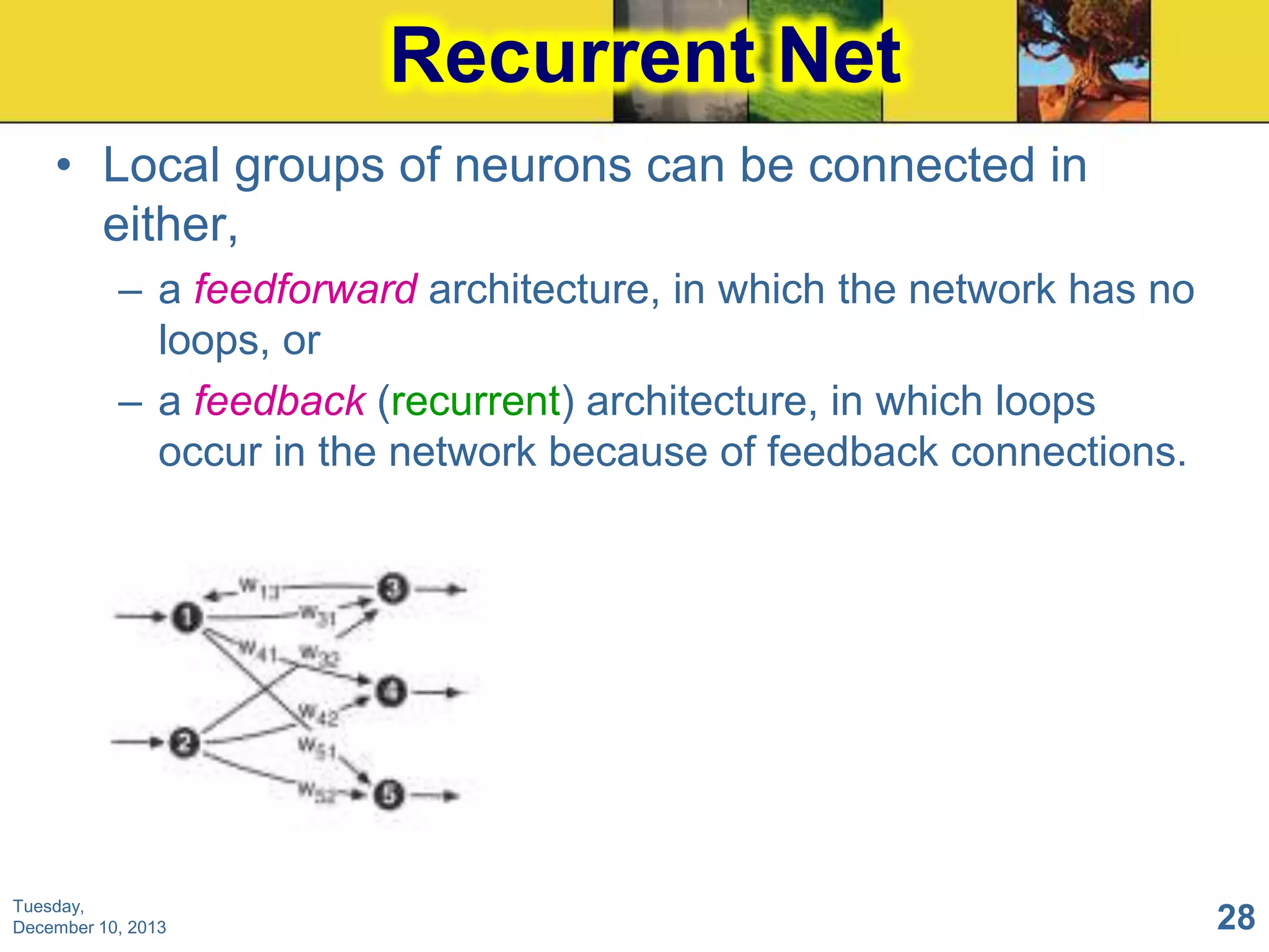 Recurrent Net
• Local groups of neurons can be connected in
either,
– a feedforward architecture, in which the network has no
loops, or
– a feedback (recurrent) architecture, in which loops
occur in the network because of feedback connections.

Tuesday,
December 10, 2013

28

 