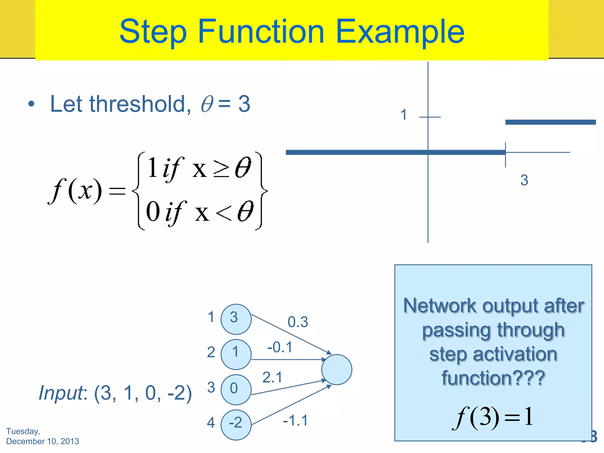 Step Function Example
• Let threshold,

f ( x)

=3

1

1 if x

3

0 if x

1 3
2

Input: (3, 1, 0, -2)
Tuesday,
December 10, 2013

1

3 0

4 -2

0.3
-0.1
2.1
-1.1

Network output after
passing through
step activation
function???

f (3) 1

38

 