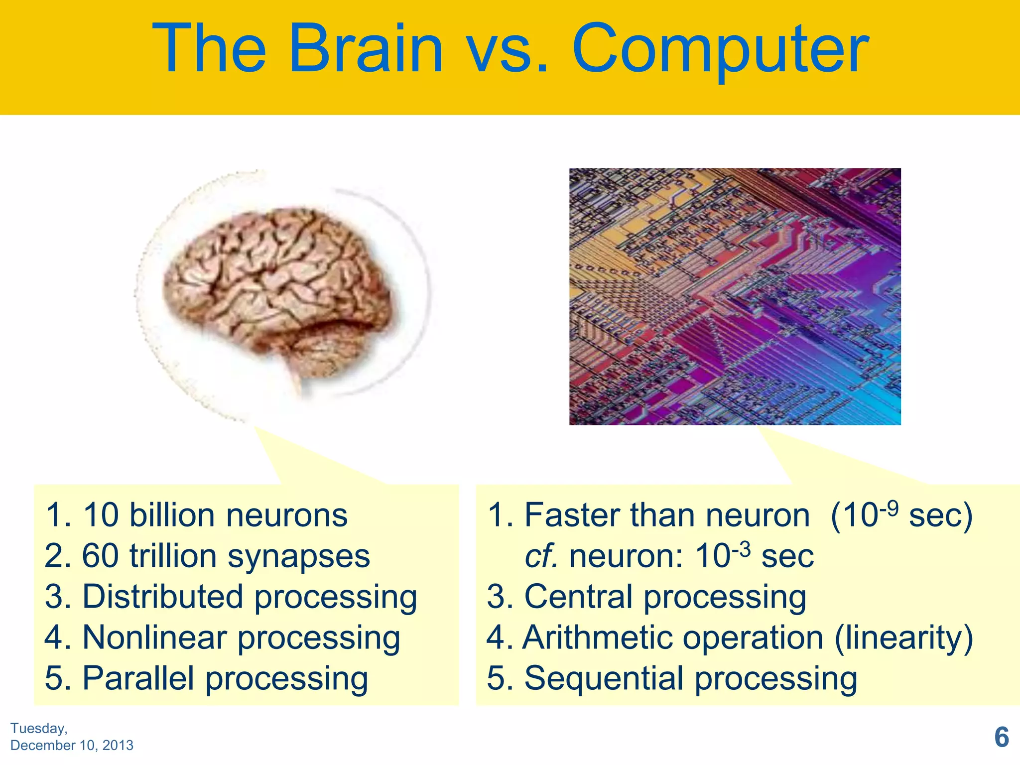 The Brain vs. Computer

1. 10 billion neurons
2. 60 trillion synapses
3. Distributed processing
4. Nonlinear processing
5. Parallel processing
Tuesday,
December 10, 2013

1. Faster than neuron (10-9 sec)
cf. neuron: 10-3 sec
3. Central processing
4. Arithmetic operation (linearity)
5. Sequential processing
6

 