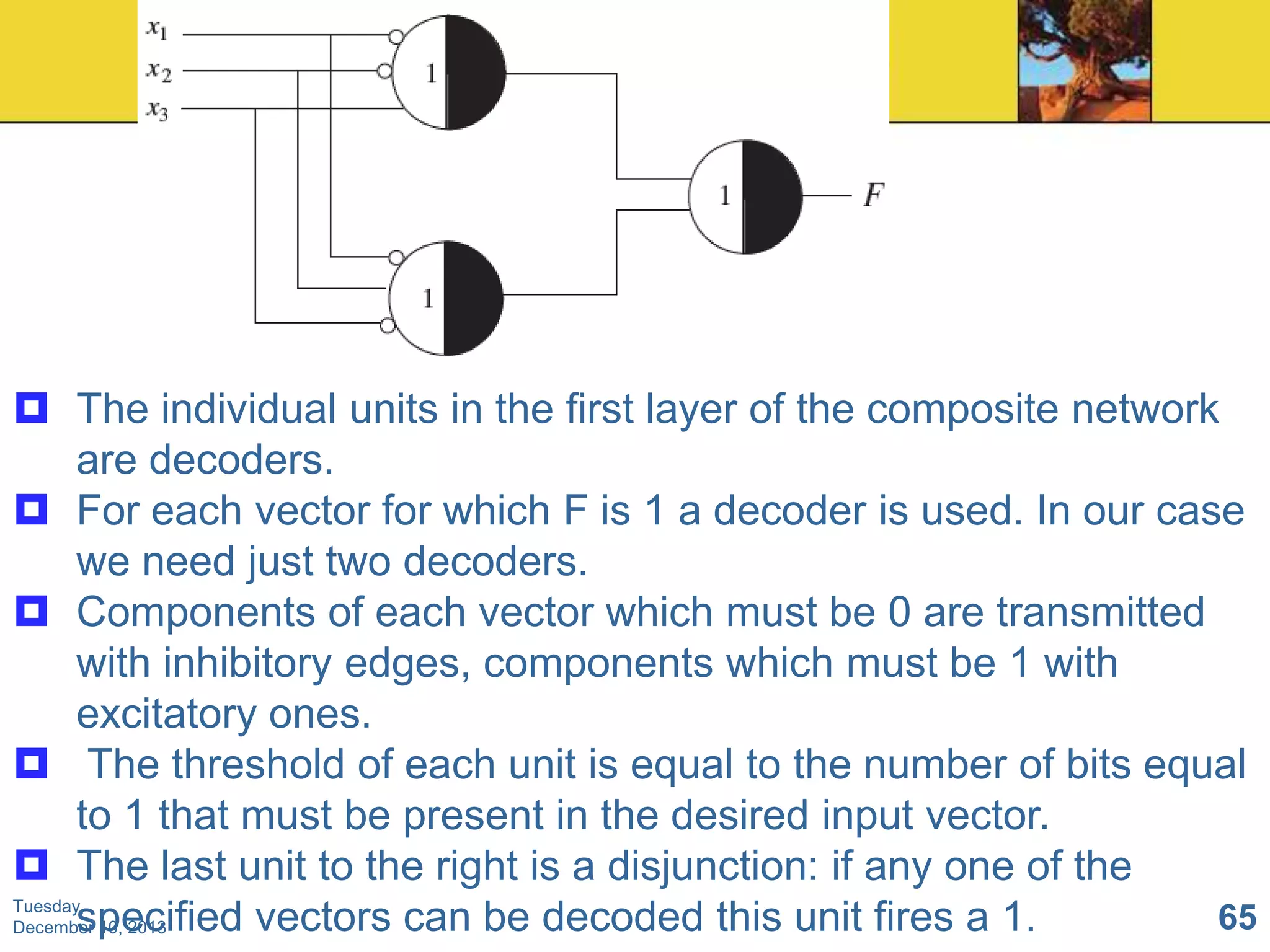  The individual units in the first layer of the composite network
are decoders.
 For each vector for which F is 1 a decoder is used. In our case
we need just two decoders.
 Components of each vector which must be 0 are transmitted
with inhibitory edges, components which must be 1 with
excitatory ones.
 The threshold of each unit is equal to the number of bits equal
to 1 that must be present in the desired input vector.
 The last unit to the right is a disjunction: if any one of the
Tuesday,
65
specified vectors can be decoded this unit fires a 1.
December 10, 2013

 