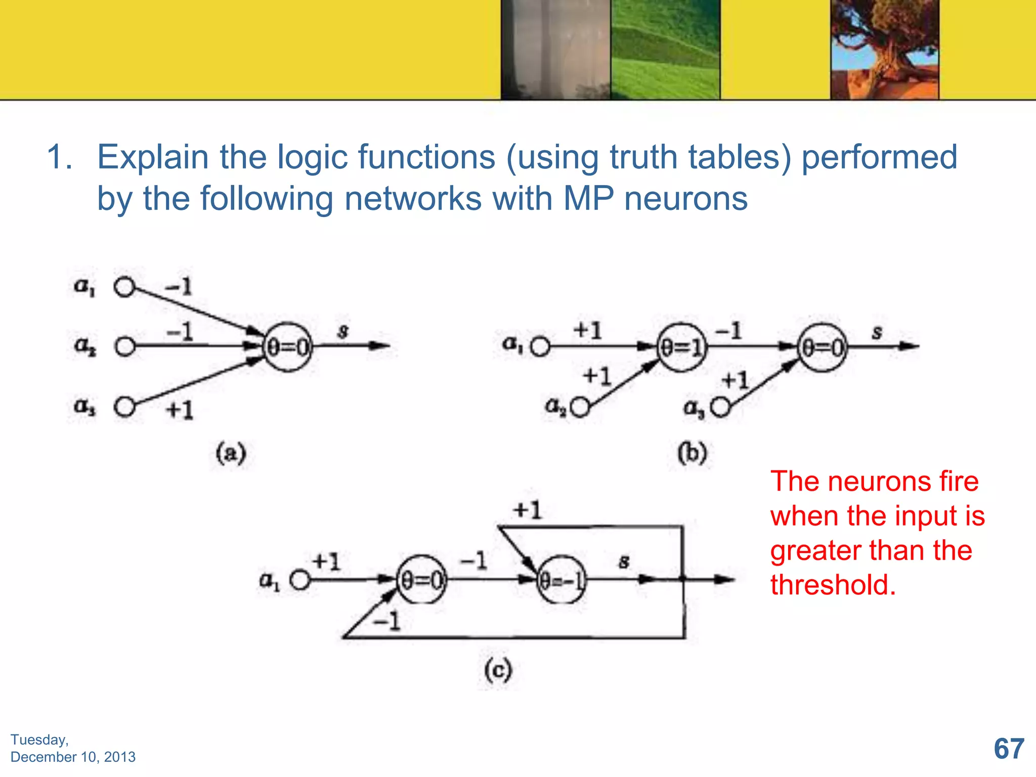 1. Explain the logic functions (using truth tables) performed
by the following networks with MP neurons

The neurons fire
when the input is
greater than the
threshold.

Tuesday,
December 10, 2013

67

 