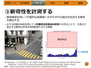 研究テーマ 先行研究 モデル 手法 結果 結論
10
 異常検知を用い＜代表的な執筆者＞がそれぞれの論文を生成する確率
を算出する
 以下は同様の技術を用いて＜代表的な交差点の状況＞を作ることで、交差点で
発生する異常な状況を常時監視するデモ映像
Varadarajan, J., & Odobez, J.-M. 2009. Topic Models for Scene Analysis and Abnormality
Detection. In the ICCV Visual Surveillance (ICCV-VS) workshop. Japan: Kyoto.
動画 : https://youtu.be/w0Hs5vzcgfU?list=LLBe5jFiqhze7oKUgExU97UQ
異常度
異常判定
 