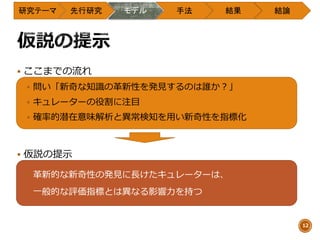 研究テーマ 先行研究 モデル 手法 結果 結論
12
 ここまでの流れ
 問い「新奇な知識の革新性を発見するのは誰か？」
 キュレーターの役割に注目
 確率的潜在意味解析と異常検知を用い新奇性を指標化
 仮説の提示
 革新的な新奇性の発見に長けたキュレーターは、
一般的な評価指標とは異なる影響力を持つ
 