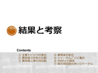 ① 主要トピックの変化
② 異常度の分布の比較
③ 異常度と被引用回数
④ 異常度の変化
⑤ ジャーナルごとに集計
⑥ SNIPとの関係
⑦ 被引用回数の多いジャーナル
Contents
 