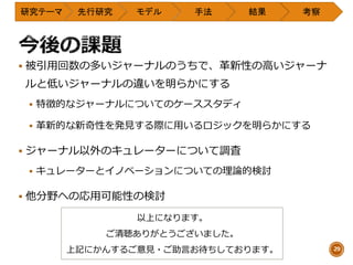  被引用回数の多いジャーナルのうちで、革新性の高いジャーナ
ルと低いジャーナルの違いを明らかにする
 特徴的なジャーナルについてのケーススタディ
 革新的な新奇性を発見する際に用いるロジックを明らかにする
 ジャーナル以外のキュレーターについて調査
 キュレーターとイノベーションについての理論的検討
 他分野への応用可能性の検討
研究テーマ 先行研究 モデル 手法 結果 考察
29
以上になります。
ご清聴ありがとうございました。
上記にかんするご意見・ご助言お待ちしております。
 