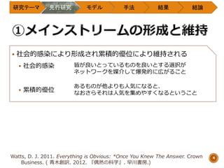  社会的感染により形成され累積的優位により維持される
 社会的感染
 累積的優位
研究テーマ 先行研究 モデル 手法 結果 結論
4
皆が良いとっているものを良いとする選択が
ネットワークを媒介して爆発的に広がること
あるものが他よりも人気になると、
なおさらそれは人気を集めやすくなるということ
Watts, D. J. 2011. Everything is Obvious: *Once You Knew The Answer. Crown
Business. ( 青木創訳. 2012. 『偶然の科学』. 早川書房.)
 