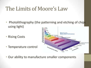 The Limits of Moore’s Law

• Photolithography (the patterning and etching of chips
  using light)

• Rising Costs

• Temperature control

• Our ability to manufacture smaller components
 
