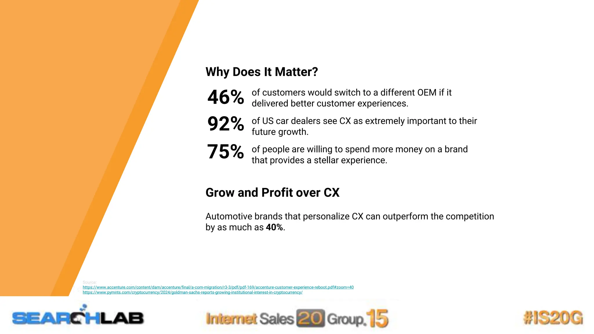 4
Why Does It Matter?
Grow and Profit over CX
Automotive brands that personalize CX can outperform the competition
by as much as 40%.
46%
92%
of customers would switch to a different OEM if it
delivered better customer experiences.
of US car dealers see CX as extremely important to their
future growth.
of people are willing to spend more money on a brand
that provides a stellar experience.
Source:
https://www.accenture.com/content/dam/accenture/final/a-com-migration/r3-3/pdf/pdf-169/accenture-customer-experience-reboot.pdf#zoom=40
https://www.pymnts.com/cryptocurrency/2024/goldman-sachs-reports-growing-institutional-interest-in-cryptocurrency/
75%
 