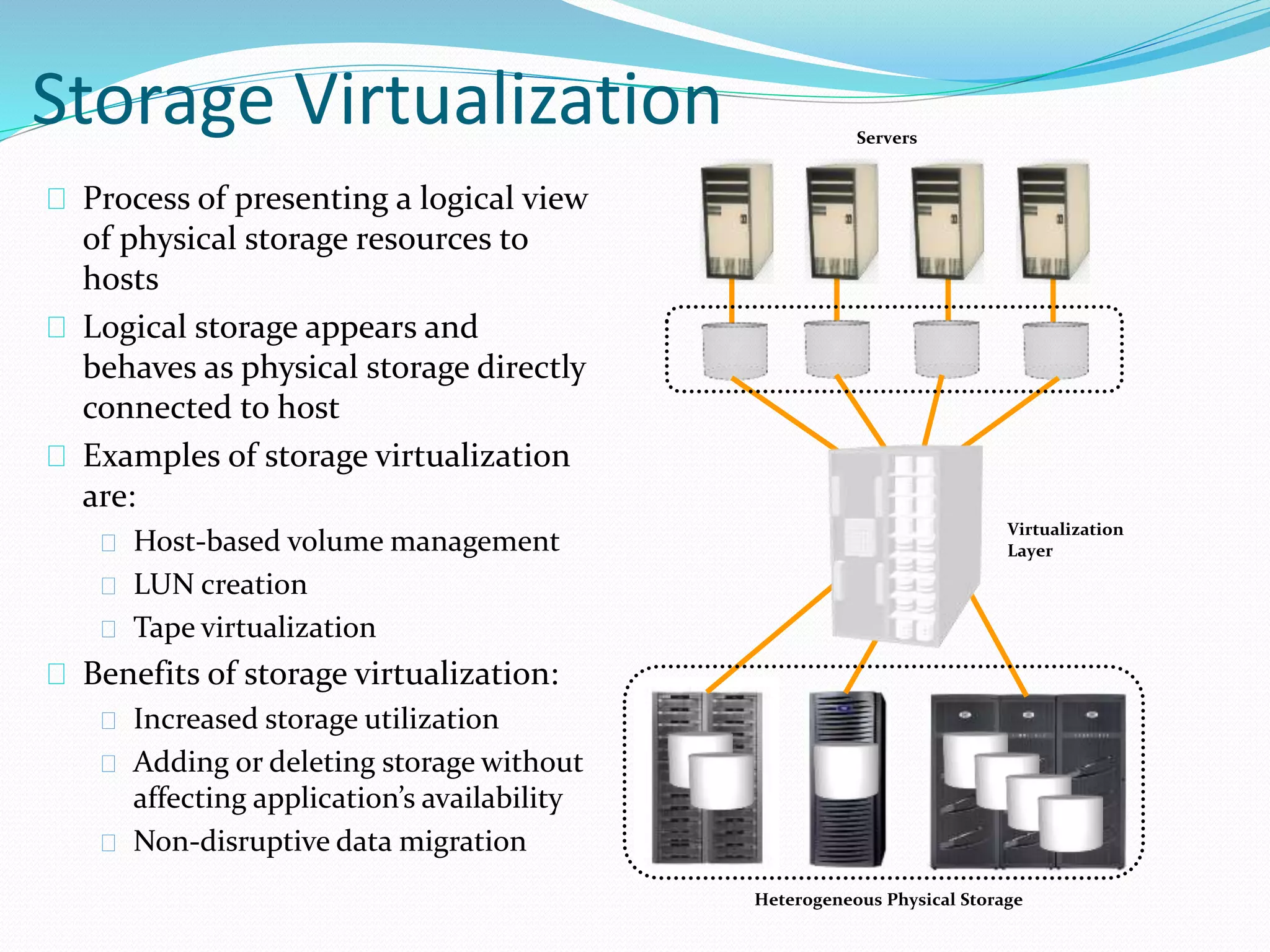 Storage Virtualization 
Process of presenting a logical view 
of physical storage resources to 
hosts 
Logical storage appears and 
behaves as physical storage directly 
connected to host 
Examples of storage virtualization 
are: 
Host-based volume management 
LUN creation 
Tape virtualization 
Benefits of storage virtualization: 
Increased storage utilization 
Adding or deleting storage without 
affecting application’s availability 
Non-disruptive data migration 
Virtualization 
Layer 
Servers 
Heterogeneous Physical Storage 
 