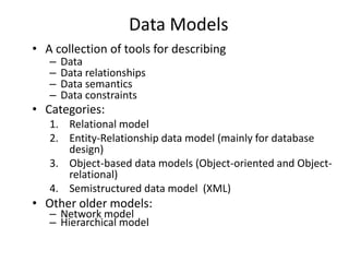 Data Models
• A collection of tools for describing
– Data
– Data relationships
– Data semantics
– Data constraints
• Categories:
1. Relational model
2. Entity-Relationship data model (mainly for database
design)
3. Object-based data models (Object-oriented and Object-
relational)
4. Semistructured data model (XML)
• Other older models:
– Network model
– Hierarchical model
 