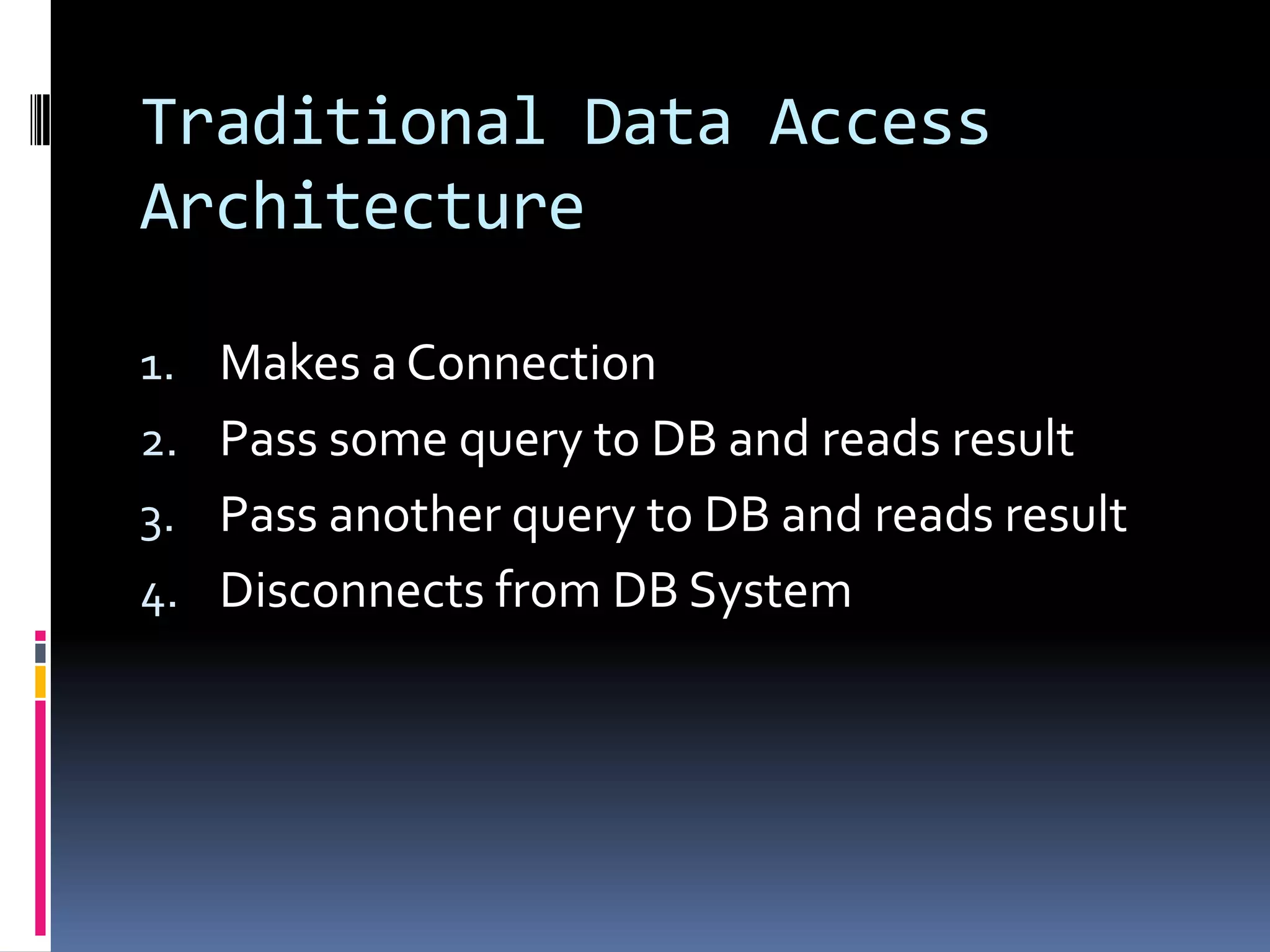 Traditional Data Access
Architecture

1. Makes a Connection
2. Pass some query to DB and reads result
3. Pass another query to DB and reads result
4. Disconnects from DB System
 