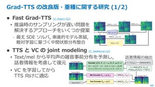 49
Grad-TTS の改良版・亜種に関する研究 (1/2)
⚫ Fast Grad-TTS [V. Popov+22]
• 推論時のサンプリングが遅い問題を
解決するアプローチをいくつか提案
- 最尤 SDE ソルバ, 漸進的モデル蒸留,
...