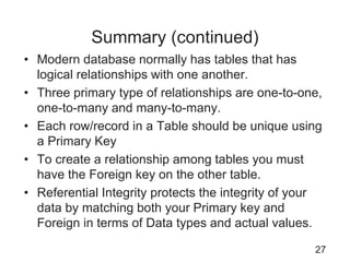 Summary (continued)
• Modern database normally has tables that has
logical relationships with one another.
• Three primary type of relationships are one-to-one,
one-to-many and many-to-many.
• Each row/record in a Table should be unique using
a Primary Key
• To create a relationship among tables you must
have the Foreign key on the other table.
• Referential Integrity protects the integrity of your
data by matching both your Primary key and
Foreign in terms of Data types and actual values.
27
 
