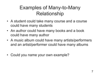 Examples of Many-to-Many
Relationship
• A student could take many course and a course
could have many students
• An author could have many books and a book
could have many author
• A music album could have many artists/performers
and an artist/performer could have many albums
• Could you name your own example?
7
 