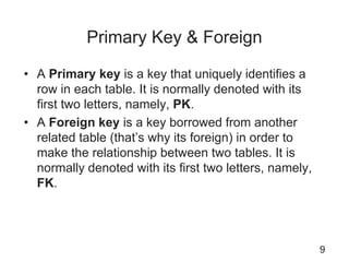 Primary Key & Foreign
• A Primary key is a key that uniquely identifies a
row in each table. It is normally denoted with its
first two letters, namely, PK.
• A Foreign key is a key borrowed from another
related table (that’s why its foreign) in order to
make the relationship between two tables. It is
normally denoted with its first two letters, namely,
FK.
9
 