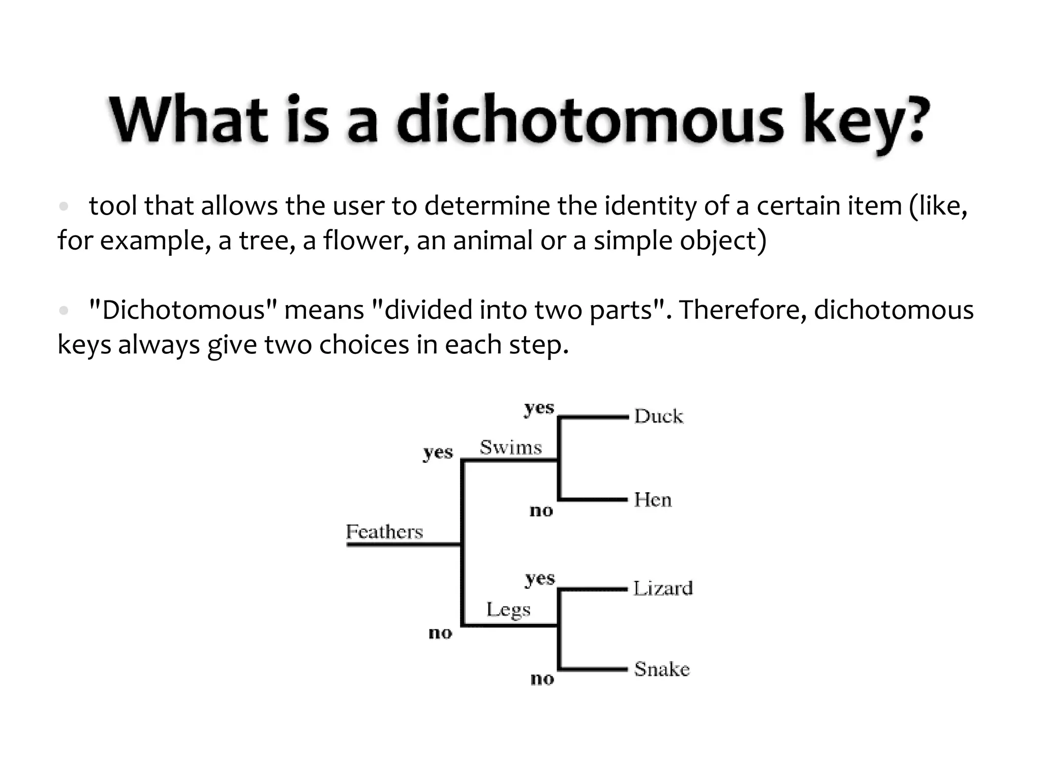 What is a dichotomous key?tool that allows the user to determine the identity of a certain item (like, for example, a tree, a flower, an animal or a simple object)"Dichotomous" means "divided into two parts". Therefore, dichotomous keys always give two choices in each step.