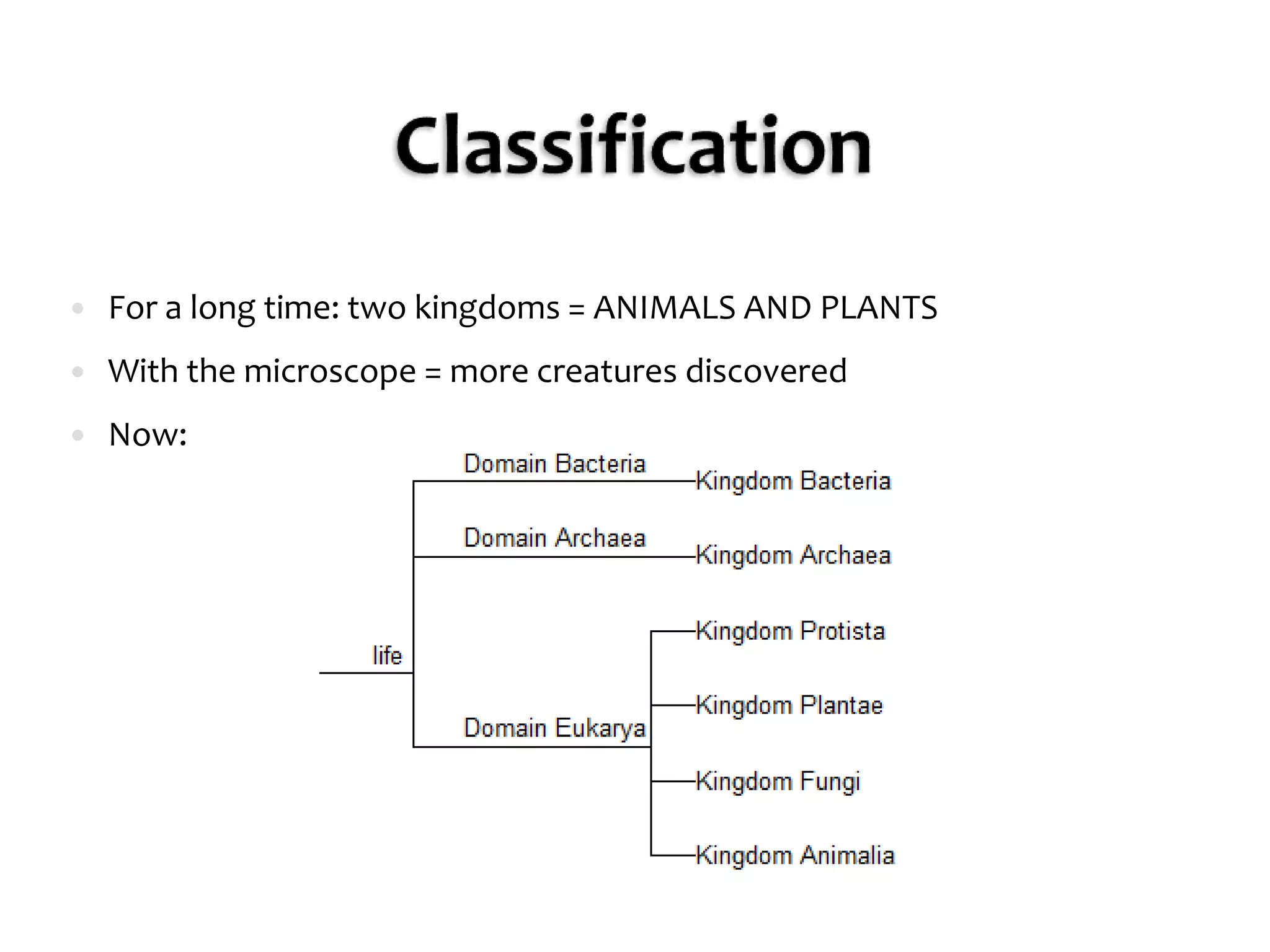ClassificationFor a long time: two kingdoms = ANIMALS AND PLANTSWith the microscope = more creatures discoveredNow: