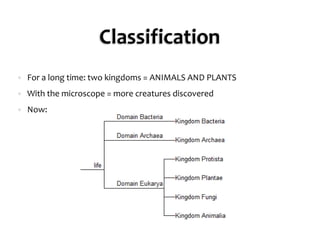 ClassificationFor a long time: two kingdoms = ANIMALS AND PLANTSWith the microscope = more creatures discoveredNow: