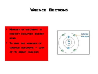 Valence Electrons Number of electrons in highest occupied energy level To find the number of valence electrons = look at its group number 
