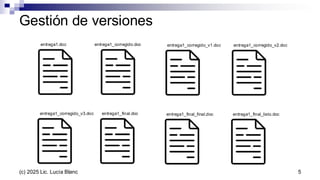 Gestión de versiones
entrega1.doc entrega1_corregido.doc entrega1_corregido_v1.doc entrega1_corregido_v2.doc
entrega1_corregido_v3.doc entrega1_final.doc entrega1_final_final.doc entrega1_final_listo.doc
5
(c) 2025 Lic. Lucía Blanc
 