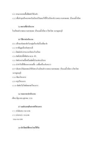 1.3.1 สามารถขายเสื้อที่จัดทาได้50ตัว
1.3.2 เพื่อนาถุงเท้าและของรับบริจาคไปมอบให้ที่โรงเรียนตารวจตระเวนชายแดน บ้านแม่น้าน้อย
1.4 สถานที่ดาเนินงาน
โรงเรียนตารวจตระเวนชายแดน บ้านแม่น้าน้อย อ.ไทรโยค จ.กาญจนบุรี
1.5 วิธีการดาเนินงาน
1.5.1 ปรึกษากับสมาชิกในกลุ่มเกี่ยวกับเรื่องที่จะทา
1.5.2 หาข้อมูลเกี่ยวกับสถานที่
1.5.3 ติดต่อประสานงานกับทางโรงเรียน
1.5.4 จัดสั่งทาเสื้อยืดจานวน50 ตัว
1.5.5 จัดจาหน่ายเสื้อพร้อมจัดตั้งรับกล่องบริจาค
1.5.6 นากาไรที่ได้จากการขายเสื้อ มาซื้อเครื่องกันหนาว
1.5.7 เดินทางไปมอบของให้กับทางโรงเรียนตารวจตระเวนชายแดน บ้านแม่น้าน้อย อ.ไทรโยค
จ.กาญจนบุรี
1.5.8 เขียนโครงการ
1.5.9 สรุปโครงการ
1.5.10 จัดทาเว็บไซต์เผยแพร่โครงการ
1.6 ระยะเวลาดาเนินงาน
เดือน มิถุนายน-ตุลาคม 2558
1.7 งบประมาณในการทาโครงการ
1.7.1 ค่าเดินทาง 500 บาท
1.7.2 ค่าอาหาร 350บาท
รวม 850 บาท
1.8 ประโยชน์ที่คาดว่าจะได้รับ
 