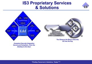 IS3 Proprietary Services
                                          & Solutions

                          Cyber         Contingency
                         Security       Operations

                         Confidentiality
                             Configuration
                             Management

             Incident                                       Risk
            Management                                   Assessment
                              Information

                             Certification
Personnel
Security     Integrity      CSI     &
                             Accreditation
                                                      Availability      Access
                                                                        Control



              Crisis           Assurance                  Situational
            Management                                    Awareness



                                                                                              You Deserve the Best in Security
                                                                                                     IS3 has the Key
                 Compliant Security Integration
                Secure and Compliant...from the
                     Desktop to the Door




                                                             “Finding Tomorrow’s Solutions, Today!”™
 