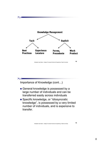 8
15
Abdisalam Issa-Salwe , College of Computer Science & Engineering, Taibah University
16
Abdisalam Issa-Salwe , College of Computer Science & Engineering, Taibah University
Importance of Knowledge (cont…)
 General knowledge is possessed by a
large number of individuals and can be
transferred easily across individuals
 Specific knowledge, or “idiosyncratic
knowledge”, is possessed by a very limited
number of individuals, and is expensive to
transfer.
 