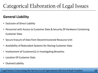 Categorical Elaboration of Legal Issues
General Liability
• Exclusion of Direct Liability
• Personnel with Access to Customer Data & Security Of Hardware Containing

Customer Data
• Secure Erasure of Data from Decommissioned Resource Unit
• Availability of Redundant Systems for Storing Customer Data

• Involvement of Customer(s) in Investigating Breaches
• Location Of Customer Data
• Chained Liability
Legal Issues Concerning the Service Level Agreements (SLAs) of IaaS Vendors

13

 