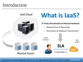 Introduction
IaaS Cloud

What is IaaS?
3rd Party Virtualization of Physical Hardware
• Reduced Cost of Ownership
• Elimination of Hardware Procurement
Cloud
Customer

IaaS
Vendor

SLA
Physical Assets

<< bound by >>

Legal Issues Concerning the Service Level Agreements (SLAs) of IaaS Vendors

2

 