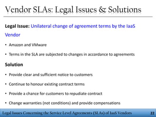 Vendor SLAs: Legal Issues & Solutions
Legal Issue: Unilateral change of agreement terms by the IaaS
Vendor
• Amazon and VMware
• Terms in the SLA are subjected to changes in accordance to agreements

Solution
• Provide clear and sufficient notice to customers

• Continue to honour existing contract terms
• Provide a chance for customers to repudiate contract
• Change warranties (not conditions) and provide compensations
Legal Issues Concerning the Service Level Agreements (SLAs) of IaaS Vendors

22

 