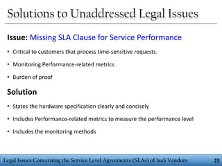 Solutions to Unaddressed Legal Issues
Issue: Missing SLA Clause for Service Performance
• Critical to customers that process time-sensitive requests.
• Monitoring Performance-related metrics

• Burden of proof

Solution
• States the hardware specification clearly and concisely

• Includes Performance-related metrics to measure the performance level
• Includes the monitoring methods

Legal Issues Concerning the Service Level Agreements (SLAs) of IaaS Vendors

25

 