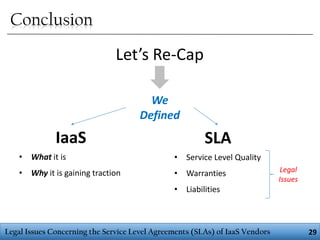 Conclusion
Let’s Re-Cap
We
Defined

IaaS

SLA

• What it is

• Service Level Quality

• Why it is gaining traction

• Warranties

Legal
Issues

• Liabilities

Legal Issues Concerning the Service Level Agreements (SLAs) of IaaS Vendors

29

 