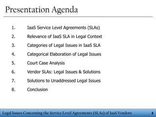 Presentation Agenda
1.

IaaS Service Level Agreements (SLAs)

2.

Relevance of IaaS SLA in Legal Context

3.

Categories of Legal Issues in IaaS SLA

4.

Categorical Elaboration of Legal Issues

5.

Court Case Analysis

6.

Vendor SLAs: Legal Issues & Solutions

7.

Solutions to Unaddressed Legal Issues

8.

Conclusion

Legal Issues Concerning the Service Level Agreements (SLAs) of IaaS Vendors

4

 