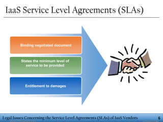 IaaS Service Level Agreements (SLAs)

Binding negotiated document

States the minimum level of
service to be provided

Entitlement to damages

Legal Issues Concerning the Service Level Agreements (SLAs) of IaaS Vendors
www.themegallery.com

6

Company Logo

 