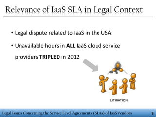 Relevance of IaaS SLA in Legal Context
• Legal dispute related to IaaS in the USA
• Unavailable hours in ALL IaaS cloud service
providers TRIPLED in 2012

Legal Issues Concerning the Service Level Agreements (SLAs) of IaaS Vendors

8

 
