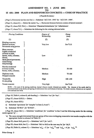 AMENDMENT NO. 1 JUNE 2001
TO
IS 456:2000 PLAIN AND REINFORCED CONCRETE — CODE OF PRACTICE
(FourthRevision )
(Page 2, Foreword last but one line) — Substitute ‘ACI 318:1995’ for ‘ACI 319:1989’.
(Page 11, clause 4) – Delete the matter ‘L~ – Horizontal distance between centres of lateral restraint’.
(Page 15, clause 5.5, Tide ) — Substitute ‘Chemical Admixtures’ for ‘Admixtures’.
(Page 17, clause 7.1 ) — Substitute the following for the existing informal table:
Placing Conditions Degree of Slump
(1)
Blinding concrete;
Shallow sections;
Pavements using pavera
Mass concretq
Lightly reinforced
sections in slabs,
beams, walls, columns;
Floors;
Hand placed pavements;
Canal lining
Strip footinga
Heavily reinforced
sections in slabs,
beams, walls, columns;
Slipfonn worlq
Pumped concrete
Trench fill;
In-situ piling
Tremie concrete
Wo;kabijity (mm)
(2) (3)
}
Very low See 7.1.1
I Low
‘1
Medium
25-75
50-100
1
Medium 75-1oo
1
High 100-150
Very high See 7.1.2
NOIE — For moat of the placing eonditiona, internal vibrarora (needle vibratota) am suitable. ‘lhe diameter of the oecdle ahatl be
determined based on the density and apaang of reinformment bara and thickness of aectiona. For tremie eoncret%vibratora are not required
to be Used(ace ako 13.3).”
(Page 19, Table 4, column 8, sub-heading ) – Substitute %w’ for ‘FMx’ .
(Page 27, clause 13.S.3 ) — Delete.
(Page 29, clause 15.3 ):
a) Substitute ‘specimens’ for ‘samples’ in lines 2,6 and 7.
b) Substitute ‘1S9013’ for ‘IS 9103’.
( Page 29, clause 16.1) — Substitute ‘conditions’ for ‘condition’ in line 3 and the following matter for the existing
matter against ‘a)’ :
‘a) The mean strength determined from any group of four non-overlapping consecutive teat results mmplies with the
appropriate limits in column 2 of Table 11.’
(Page 29, clause 16.3,para 2 ) — Substitute ‘cd 3’ for ‘cd 2’.
-(Page 29, clause 16.4, line 2) — Substitute ‘16.1 or 16.2 as the case may be’ for ‘16.3’.
(Page 30, Tablk 11, column 3 ) — Substitute %fek -3’ for ‘a~k-3’ and ‘2A, -4’ for ‘a~k-4’
Price Group 3 1
 