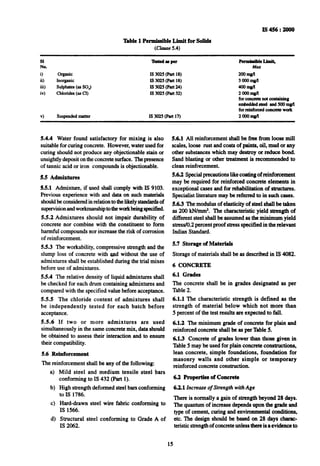 ‘lhble 1 Permissible Limit for !Wids
(claust?5.4)
lS456:2000
SI -apu Permb?dbleLImlt,
No. Max
i) organic IS 3a25 (Pal-l18) 2(Jomgll
ii) Inorganic IS 3025 (yalt 18) 3ooomo/L
iii) Sulphaki (usSOJ IS302s(Part24) amo/l
iv) Chlorides(as Cl) IS 3025 (part32) 2ooompll
forfxmaetc not Containing
embcd~sti mdsoomg/l
forleInfolced collcntc worlr
v) Suspfmdedmatter IS 3025 (Palt17) 2(xJom%l
5.4.4 Water found satisfactory for mixing is also 5.6.1 All reinforcement shall be free from loose mill
suitable for curing concrete. However, water used for scales, loose rust and coats of paints, oil, mud or any
curing should not produce any objectionable stain or other substances which may destroy or reduce bond.
unsightly deposit on the concrete surface. The presence Sand blasting or other treatment is recommended to
of tannic acid or iron compounds is objectionable. clean reinforcement.
5.5 Admixtures
5.5.1 Admixture, if used shall comply with IS 9103.
Previous experience with and data on such materials
shouldbe considered in relationto thelikely standa& of
supervisionandworkmanshiptotheworkbeingspecified,
55.2 Admixtures should not impair durability of
concrete nor combine with the constituent to form
harmful compounds nor increase the risk of corrosion
of reinforcement.
5.6.2 Special precautions like coating of reinforcement
may be required for reinforced concrete elements in
exceptional cases and for~rehabilitation of structutes.
Specialist literature may be referred to in such cases.
5.6.3 The modulus of elasticity of steel shall be taken
as 200 kN/mm*. The characteristic yield strength of
different steel shall be assumed as the minimum yield
stress/O.2percent proof stress specified in the relevant
Indian Standard.
55.3 The workability, compressive strength and the
slump loss of concrete with and without the use of
admixtures shall be established during the trial mixes
before use of admixtures.
5.7 Storage of Materials
Storage of materials shall be as described in IS 4082.
6 CONCRETE
5.5.4 The relative density of liquid admixtures shall
be checked for each drum containing admixtures and
compared with the specified value before acceptance.
5.5.5 The chloride content of admixtures shall
be independently tested for each batch before
acceptance.
6.1 Grades
The concrete shall be in grades designated as per
Table 2.
6.1.1 The characteristic strength is defined as the
strength of material below which not more than
5 percent of the test results are expectedto fall.
5.5.6 If two or more admixtures are used
simultaneously in the same concrete mix, data should
be obtained to assess their interaction and to ensure
their compatibility.
5.6 -Reinforcement
The reinforcement shall be any of the following:
4
b)
cl
4
6.1.2 The minimum grade of concrete for plain and
reinforced concrete shall be as per Table 5.
61.3 Concrete of grades lower than those given in
Table-5 may be used for plain concrete constructions,
lean concrete, simple foundations, foundation for
masonry walls and other simple or temporary
reinforced concrete construction.
Mild steel and medium tensile steel bars
conforming to IS 432 (Part 1).
High strength deformed steel barsconforming
to IS 1786.
6.2 Properties of Concrete
63.1 Increase of Strength with Age
Hard-drawn steel wire fabric conforming to
IS 1566.
Structural steel conforming to Grade A of
IS 2062.
There is normally a gain of strength beyond 28 days.
The quantum of increase depends upon the gradeand
type of cement, curing and environmental conditions,
etc. The design should be based on 28 days charac-
teristic strengthof concrete unless there is a evidence to
15
 