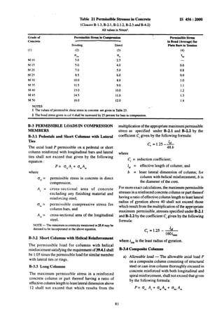 Table 21 Permissible Stresses in Concrete IS 456: 2000
(Clauses B-1.3, B-2.1, B-2.1.2, B-2.3 &B-4.2)
All values in N/mm’.
Grade of Permissible Stress in Compression . Permissible Stress
Concrete in Bond (Average) for
Bending Direct Plain Bars in Tension
(1) (2) (3) (4)
QCk 0, ‘N
M 10 3.0 2.5 -
M IS 5.0 4.0 0.6
M 20 7.0 5.0 0.X
M 25 a.5 6.0 0.9
M 30 10.0 8.0 1.0
M 35 11.5 9.0 1.1
M 40 13.0 10.0 1.2
M45 14.5 11.0 1.3
M SO 16.0 12.0 1.4
NOTES ,.
1 The values of permissible shear stress in concrete are given in Table 23.
2 The bond stress givenin co1 4 shall be increased by 25 percent for bars in compression.
B-3 PERMISSIBLE LOADS IN COMPRESSION
MEMBERS
B-3.1 Pedestals and Short Columns with Lateral
Ties
The axial load P permissible on a pedestal or short
column reinforced with longitudinal bars and lateral
ties shall not exceed that given by the following
equation :
where
o,, =
Ac =
ASc=
permissible stress in concrete in direct
compression,
cross-sectional area of concrete
excluding any finishing material and
reinforcing steel,
permissible compressive stress for
column bars, and
cross-sectional area of the longitudinal
steel.
NOTE -The minimum eccentricity mentioned in 25.4 may be
deemed to be incorporated in the above equation.
B-3.2 Short Columns with Helical Reinforcement
The permissible load for columns with helical
reinforcement satisfying the requirement of 39.4.1 shall
be 1.05 times the permissible load for similar member
with lateral ties or rings..
B-3.3 Long Columns
The maximum permissible stress in a reinforced
concrete column or part thereof having a ratio of
effective column length to least lateral dimension above
12 shall not exceed that which results from the
multiplication of the appropriate maximum permissible
stress as specified under B-2.1 and B-2.2 by the
coefficient C, given by the following formula:
c, = 1.25 -lef
486
where
cr = reduction coefficient;
le, = effective length of column; and
b = least lateral dimension of column; for
column with helical reinforcement, b is
the diameter of the core.
For more~exact calculations, the maximum permissible
stresses in a reinforced concrete column or part thereof
having a ratio of effective column length to least lateral
radius of gyration above 40 shall not exceed those
which result from the multiplication of the appropriate
maximum permissible,stresses specified under B-2.1
and B-2.2 by the coefficient C, given by the following
formula:
C,=l.25 -I,f
laOi,,
where i,,,, is the least radius of gyration.
B-3.4 Composite Cohunns
a) Allowable load - The allowable axitil load P
on a composite column consisting of structural
steel or cast-iron column thoroughly encased in
concrete reinforced with both Jongitudinal and
spiral reinforcement, shall not exceed that given
by the following formula:
81
 