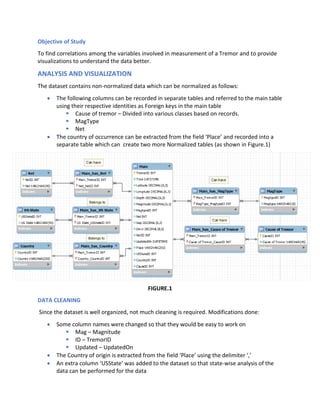Objective of Study
To find correlations among the variables involved in measurement of a Tremor and to provide
visualizations to understand the data better.
ANALYSIS AND VISUALIZATION
The dataset contains non-normalized data which can be normalized as follows:
 The following columns can be recorded in separate tables and referred to the main table
using their respective identities as Foreign keys in the main table
 Cause of tremor – Divided into various classes based on records.
 MagType
 Net
 The country of occurrence can be extracted from the field ‘Place’ and recorded into a
separate table which can create two more Normalized tables (as shown in Figure.1)
FIGURE.1
DATA CLEANING
Since the dataset is well organized, not much cleaning is required. Modifications done:
 Some column names were changed so that they would be easy to work on
 Mag – Magnitude
 ID – TremorID
 Updated – UpdatedOn
 The Country of origin is extracted from the field ‘Place’ using the delimiter ‘,’
 An extra column ‘USState’ was added to the dataset so that state-wise analysis of the
data can be performed for the data
 