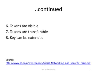 ..continued

6. Tokens are visible
7. Tokens are transferable
8. Key can be extended




Source:
http://www.gfi.com/whitepapers/Social_Networking_and_Security_Risks.pdf

                              IS6120 Data Security                    32
 